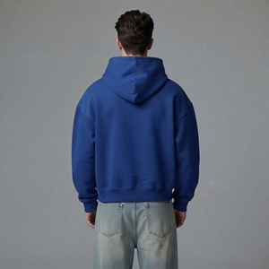 <b>Men's</b> <b>Blue</b> Hooded Zip-Up Sweatshirt Solid Color Cotton French Terry Casual Autumn Style Regular Fit Front Logo Printing - Product Image 3