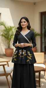 Conjunto de Pantalón y Kurta Sharara Pakistaní Indio, Étnico, Festivo, Elegante, Liso, Negro, para Mujer - Product Image 4