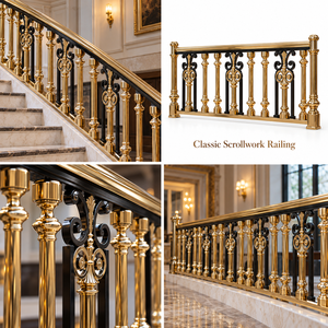 Rampe en or massif avec inserts en spirale noire et balustres symétriques à médaillon, garde-corps et balustrade en métal - Product Image 5