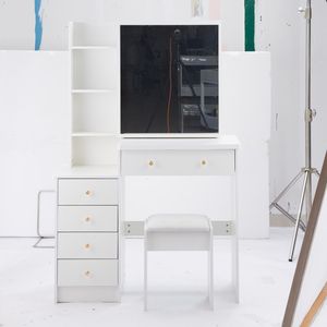 Tavolo da Trucco Extra Large da 37 Pollici con Specchio Scorrevole a Destra, Multistrato, Alta Capacità, con Sgabello Imbottito, Dimensioni Medie, Comodino Sinistro - Product Image 3