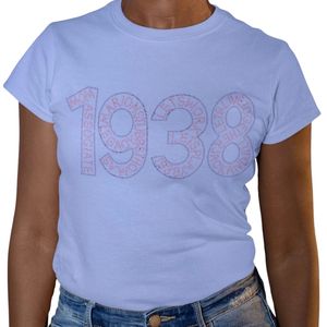 เสื้อยืดแขนสั้นพิมพ์ลายกราฟิกสีฟ้าอ่อนสำหรับผู้หญิง รุ่นปี 1938 คอกลม สวมใส่สบาย แฟชั่นทันสมัย เหมาะสำหรับใส่ทุกวันในช่วงฤดูร้อน - Product Image 1