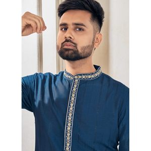 DISEÑADOR VISCOSA TEJIDO RAYA CON BORDADO TRABAJO HOMBRE KURTA PIJAMA SKY - Product Image 3