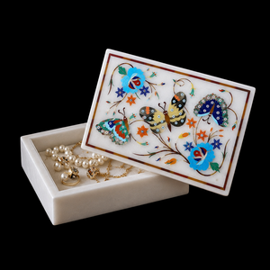 Luxury Polished Marble Inlay Floral Jewelry <b>Trinket</b> <b>Box</b> Handmade Pietra Dura Decorative - Product Image 2