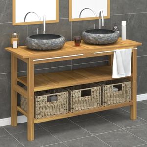 Mobiletto di vanità del bagno di Teak di legno solido con i lavandini di marmo nero - Product Image 1