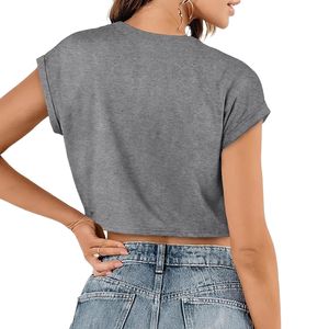 Camisetas Básicas de Color Gris Jaspeado, Tejido de Algodón Acanalado, en Oferta, Duraderas, Minimalistas, Casuales, para Uso Diario, Estilo Urbano, Tops Cortos para Mujer - Product Image 2