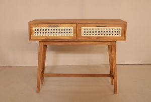Solid Teak Wood & Rattan <b>Console</b> <b>Table</b> 2 Drawers for Living Room - Product Image 3