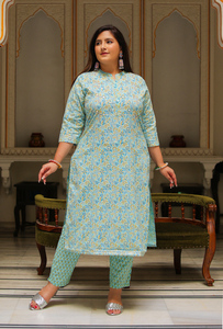 Embroidered Kurti <b>Pant</b> Dupatta Set Cotton Floral Green Mandarin Collar <b>Three</b> <b>Quarter</b> Sleeve Plus Size Women Ethnic Wholesale - Product Image 1
