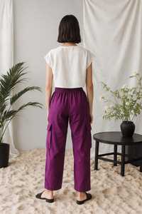 Women's Purple Linen Cargo <b>Pants</b> High Waist Elastic Loose Fit Ankle Length Solid Color Casual <b>Summer</b> Style - Product Image 1