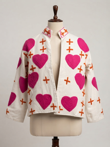 Wholesale <b>Women</b> Boho Heart Print Cotton Jacket Short Open Front <b>Coat</b> Casual Cute Spring Outerwear Custom OEM Factory Direct - Product Image 3