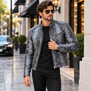 Mens Embossed Silk Lining Breathable Winter Python Print Genuine Leather <b>Biker</b> <b>Jacket</b> - Product Image 4