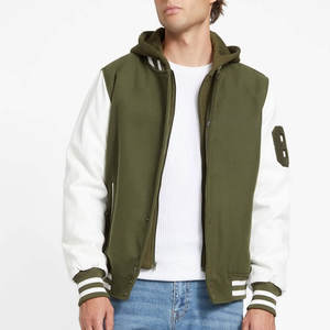 Veste varsity en toile premium pour homme |   Blouson bomber en polaire vert olive et blanc contrastant avec manches contrastées, style streetwear - Product Image 1