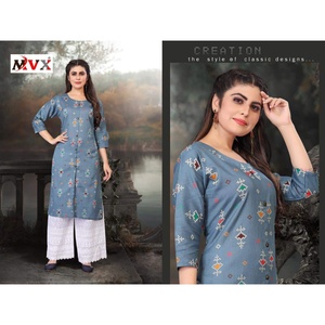 CRÉATEUR COTON JAIPURI BANDHEJ IMPRIMÉ TRAVAIL KURTI AVEC PALAZZO BLEU - Product Image 1