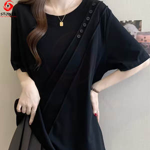 Camisetas de algodón de alta calidad para mujer, estilo oversize, con botones y pliegues, camisetas de manga corta, informales, para verano. - Product Image 2