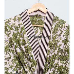 Bata Kimono Ecológica 100% Algodón, Transpirable, Elegante, Lavable, con Cuello en V y Cordón Ajustable, Estampado Floral, Mangas Tres Cuartos, Secado Rápido - Product Image 4