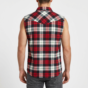 Factory Custom Color 100% Cotton Men's Button-Up Sleeveless Flannel <b>Shirt</b> Yarn Dyed Blue Black Plaid Casual Summer Breathable - Product Image 2