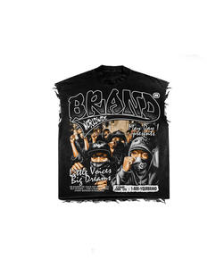 2025 logotipo personalizado Hip Hop largo 100% algodón camisetas 200gsm francés Terry muy desgastado rasgado serigrafía hombres - Product Image 6