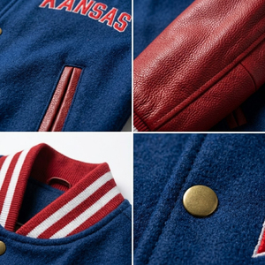 Veste universitaire Kansas pour homme, bleu et rouge, manches en cuir, broderie Sunflower State 1861, style preppy, vêtement d'automne - Product Image 5