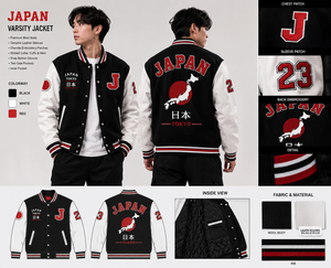 Japan Tokyo Varsity <b>Jacket</b> Country Flag Patch Black White Contrast Sleeve Letterman Custom Wholesale - Product Image 2