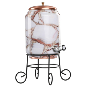 Distributeur d'eau artisanal en cuivre pur de 5 litres avec motif papillon imprimé, incluant un support métallique et une décoration en verre de cuivre - Product Image 5