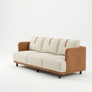 Sofá moderno de tres plazas tapizado con cojines de tela y detalles en cuero para sala de estar - Product Image 3