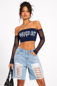 Top Bandeau Gótico con Gráficos para Mujer de Marca Privada, Camiseta Elástica de Punto para Mujer, Mangas de Malla a la Moda para Festivales, Ropa de Club de Moda - Product Image 5