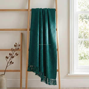 Muted Green Waffle Texture Cotton Sofa <b>Blanket</b> with Decorative Fringe for Rustic Scandinavian and Contemporary Interiors - Product Image 6