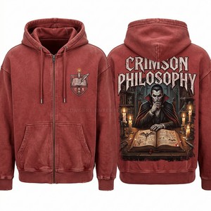 Wholesale Crimson Red Vintage Hoodie Men Oversized Streetwear Graphic Vampire Print Custom Manufacturer Heavyweight Hoodies - Product Image 1