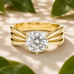 Bague solitaire en diamant de laboratoire rond certifié IGI 1,00 carat, en or massif 14 carats, avec large alliance, bague de fiançailles, bijoux fins sur mesure - Product Image 1