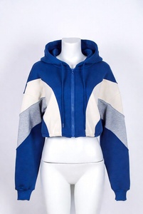 Sudadera Corta con Capucha para Mujer, Estilo Urbano, Bloques de Color, Manga Larga, Tejido Casual, Invierno, Azul, Blanco, Gris - Product Image 3
