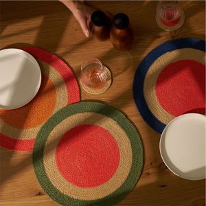 Wholesale Round Braided Jute Placemat Colorful Concentric Circles <b>Table</b> Mat Natural Eco Friendly Dining Room Kitchen <b>Table</b> Decor - Product Image 1
