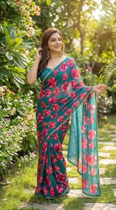 Sari en Georgette Douce pour Femme avec Imprimé Numérique et Bordure en Dentelle Perlée, Séchage Rapide et Extensible, Tenue Décontractée - Product Image 6