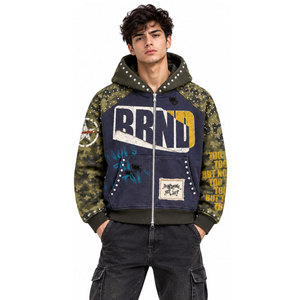 Sweat-shirt à capuche zippé pour homme BRAND, motif camouflage, manches raglan, streetwear, poche avant, logo imprimé, coupe oversize, automne - Product Image 2