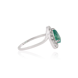 Produits très demandés : Bague halo en émeraude zambienne et diamant, forme poire, bijoux de mariage unisexes, or blanc massif 14 carats. - Product Image 5