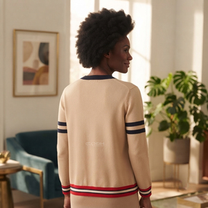 Cardigan en tricot à col en V et manches longues, couleur unie contrastante, style preppy, avec logo personnalisé, pour sororité, par Cosh International - Product Image 5