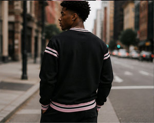 <b>Men's</b> Custom <b>Black</b> Crewneck <b>Sweatshirt</b> with Chenille Varsity Lettering Pink Striped Sleeves Rib Cuffs and Hem - Product Image 3