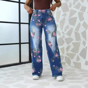 Autumn European Floral Printed Women's Denim Pants Large Size Wide Leg High Waist Casual Streetwear Style for Winter Summer - Product Image 3