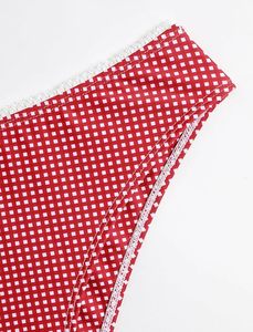 Conjunto de bikini de 2 piezas a cuadros rojos para mujer, top triangular con cuello pronunciado, braga brasileña, ribete en contraste, encaje y elástico, traje de baño. - Product Image 6