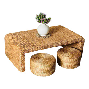 Handmade Modern <b>Rustic</b> <b>Coffee</b> <b>Table</b> Set with 4 Ottomans Wood & Water Hyacinth Eco-Friendly Lightweight Design - Product Image 1