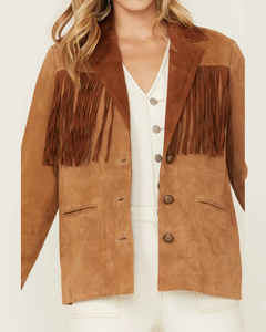Tan <b>Suede</b> Leather Blazer Women Fringe Yoke Genuine <b>Suede</b> Western <b>Jacket</b> Notch Lapel Button Front Tailored Cowgirl Coat - Product Image 4
