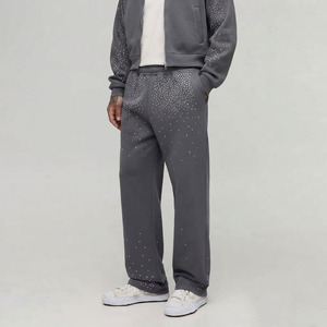 OEM Hot Selling 100% Cotton Straight Leg Baggy <b>Pants</b> With Rhinestones Men's Eco-Friendly Breathable Low Price Washed Sweatpants - Product Image 1