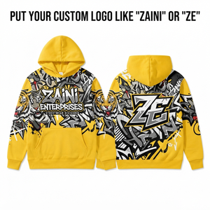Sudadera con Capucha para Hombre, 380 GSM, Algodón y Poliéster, Diseño de Paneles con Estampado de Grafiti en Amarillo, Negro y Blanco, Logotipo Personalizado con Bordado - Product Image 1