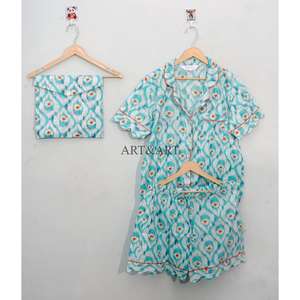 Conjunto de Pijama de Algodón Hecho a Mano para Mujer, Manga Corta, Cuello Camisero, Estampado Floral, Elegante, para Uso Diario, Suave, Verano - Product Image 6