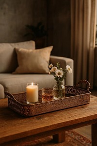 Plateau de service rectangulaire élégant en métal doré avec un design orné et des poignées, parfait pour servir des boissons et décorer la maison, provenant d'Inde. - Product Image 6