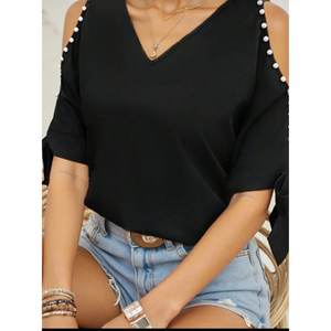 Blusa con hombros descubiertos, cuello en V y mangas con lazo, con adornos de perlas - Product Image 2