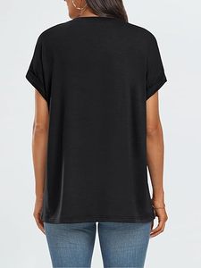 <b>Black</b> Summer Solid Jersey Cotton Oversized <b>Women</b> T-<b>Shirt</b> Short Sleeve Crew Neck Loose Fit Tee Casual Daily Wear - Product Image 4