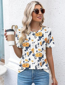 Blouses décontractées pour femmes à col rond et manches courtes, imprimé feuilles, logo frontal, écologiques, vêtements tendance 2026 - Product Image 6