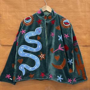 Boho Embroidered Velvet <b>Jacket</b> <b>Women</b> Oversized Snake Applique <b>Zip</b> <b>Up</b> Coat Retro Artsy Outerwear Autumn Wear - Product Image 1