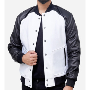 Chaqueta Varsity para Hombre Icecream, Blanca y Negra, de Cuero PU, con Letras Bordadas, Cuello Camisero, Estilo Casual para Otoño - Product Image 6