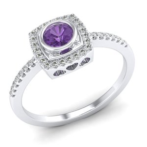 Bague de luxe REYES en or massif 14 carats avec améthyste taille brillant rond de 0,25 carat et halo de moissanites – Prix de gros - Product Image 2