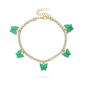 Chaîne de cheville plaquée or avec diamants pour femme, pendentif papillon vert, jolie chaîne de pied, bijoux pour mariage, fiançailles, fête - Product Image 2